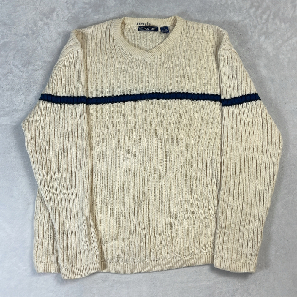 Structure Men's V-Neck Sweater Cream Blue Striped Size XL Ribbed Cotton 90s